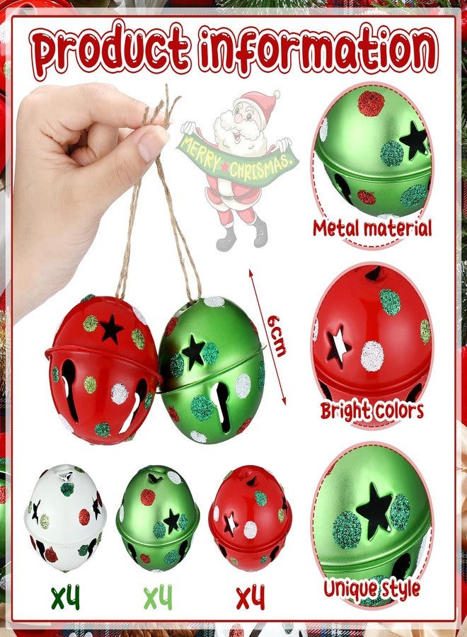 Simgoing 12 Pcs Large Christmas Jingle Bells with Ribbon 2.4 Inch Metal Cutout Craft Bells Lime Green Glitter Dot Red Green Christmas Tree Ornaments Xmas Hanging Decor for Holiday Wreath Garland DIY Decor - Image 2